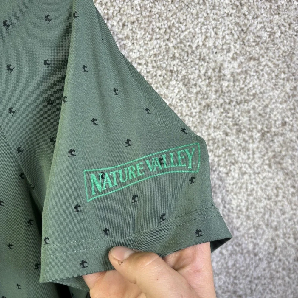 Adidas Golf Polo Shirt Mens Large‎ Green Tree Print Nature Valley Logo Stretch
